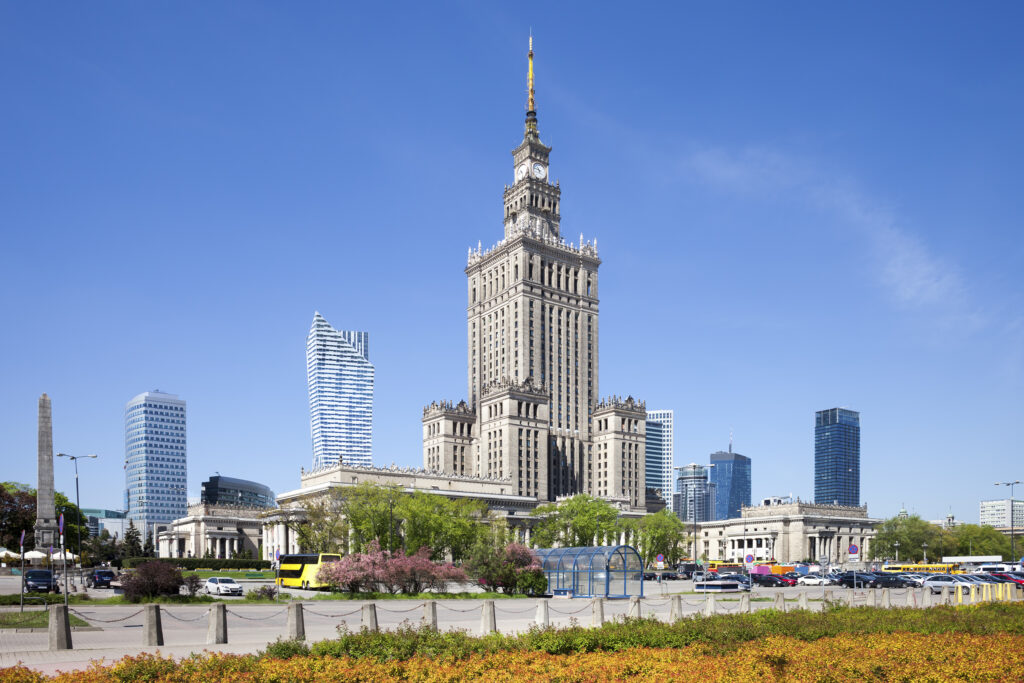 Poland, Warsaw, downtown skyline with Palace of Culture and Science