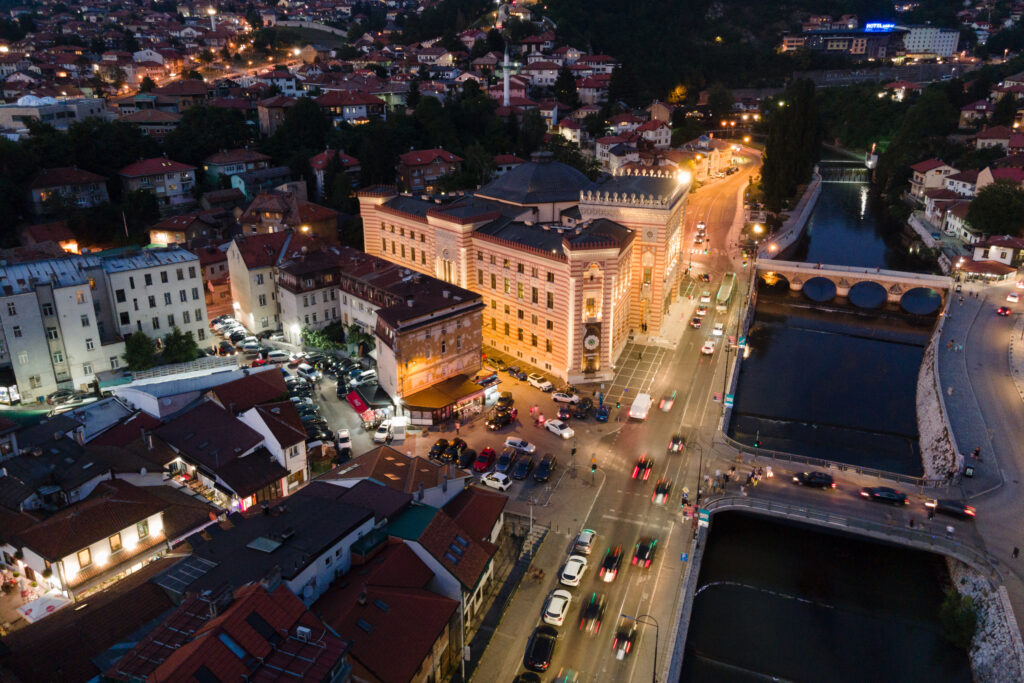 View of the historic center of Sarajevo at night, Bosnia and Herzegovina
