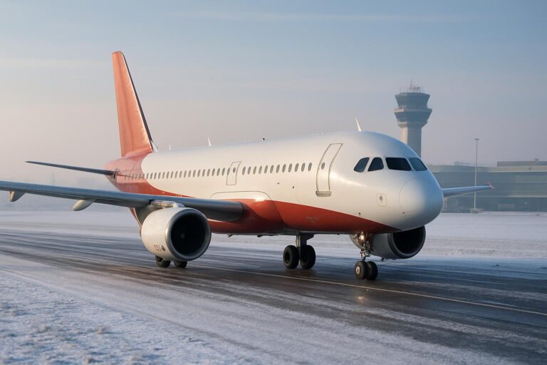 Austrian Airlines – lietadlo v zimnom počasí na letisku