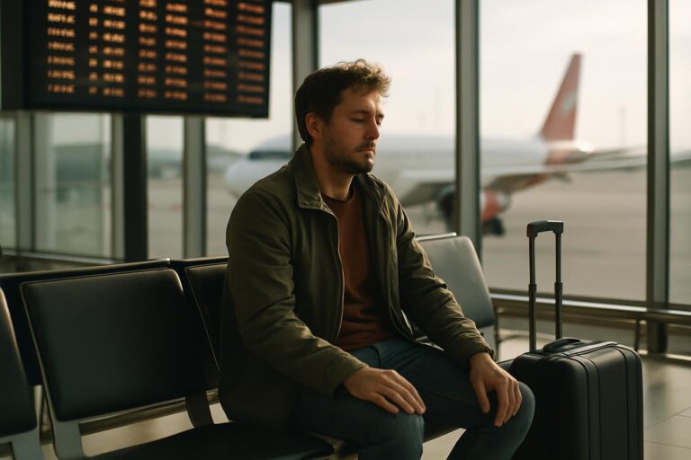 Kompenzácia za meškanie letu Austrian Airlines - cestujúci na letisku pri table odletov