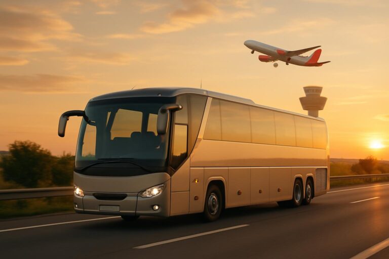 Autobus na diaľnici z Bratislavy na letisko Viedeň, v pozadí lietadlo