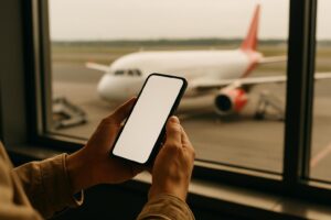Miles & More míle z Viedne – cestujúci s mobilom pri odletovej bráne