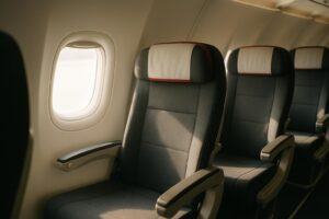 Sedadlá Austrian Airlines v kabíne lietadla pri okne