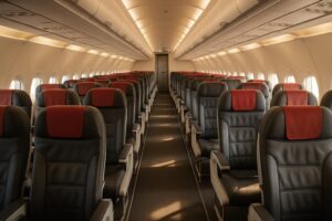 Sedadlá Austrian Airlines v ekonomickej triede – rady sedadiel s červenými opierkami hlavy