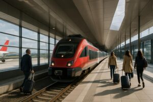 Vlak ÖBB AIRail prichádza na stanicu pri Letisku Viedeň