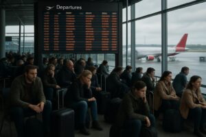 Zrušený let počas štrajku - odletová hala s tabuľou meškajúcich a zrušených letov Austrian Airlines